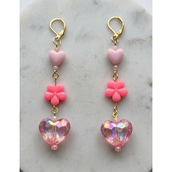 Handmade Jewelry - Handmade Earrings Gold Tone Pink Floral Heart Drop Dangle Leverback Kidcore